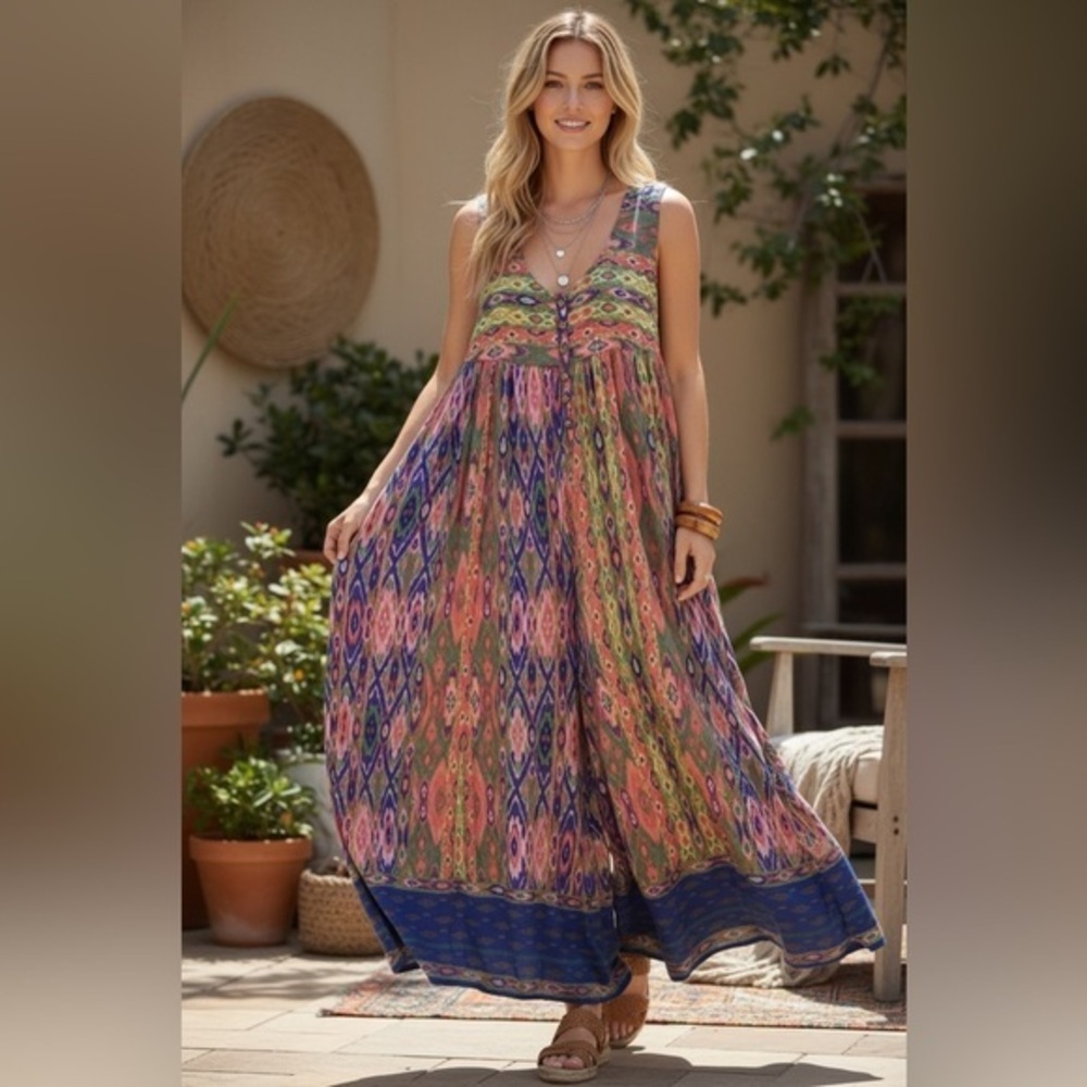 Easel Oversize Multicolor Aztec/Tribal Print Wide Leg Jumpsuit